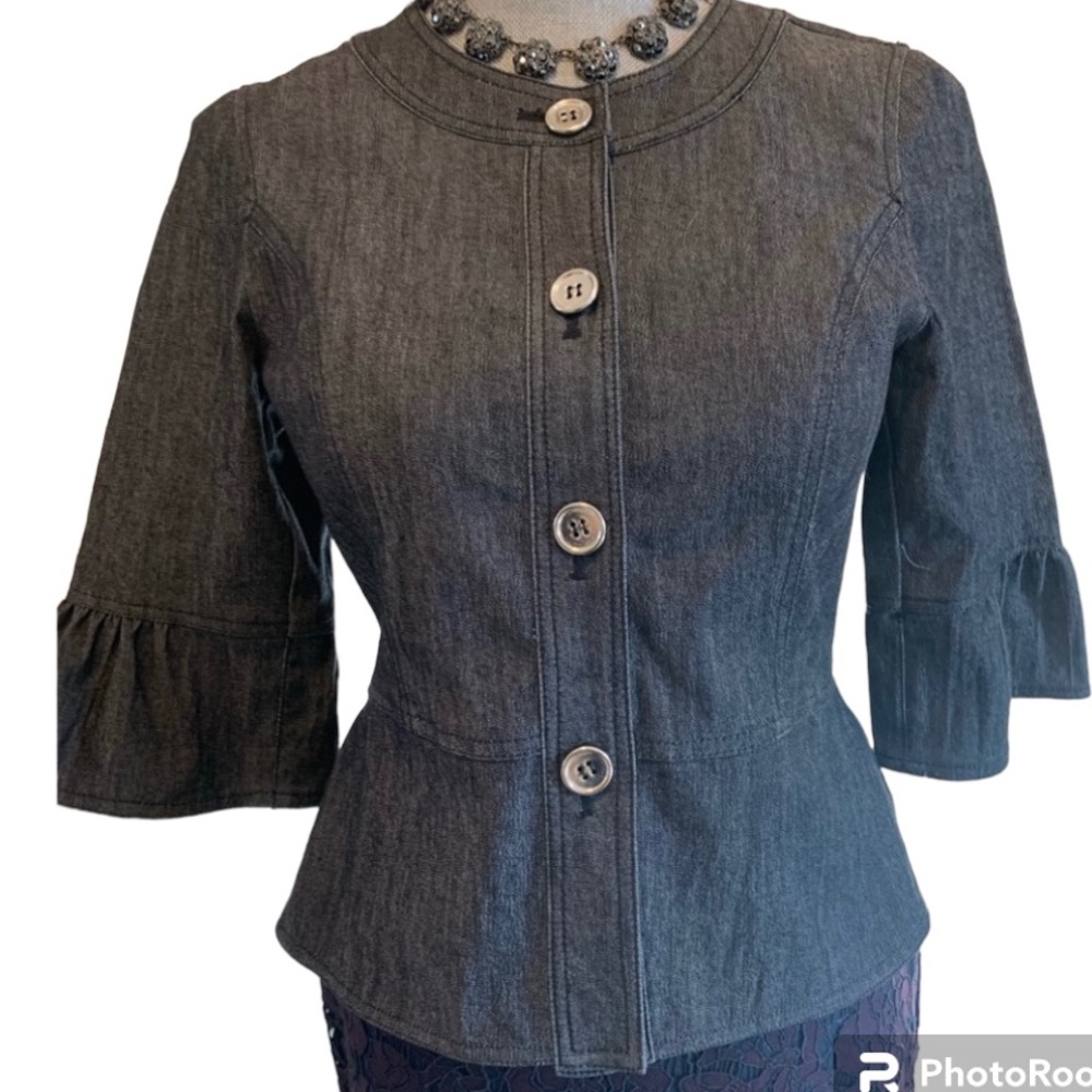 Sandro ruffled jean jacket with 3/4 length sleeve silver tone buttons size S - Picture 1 of 8